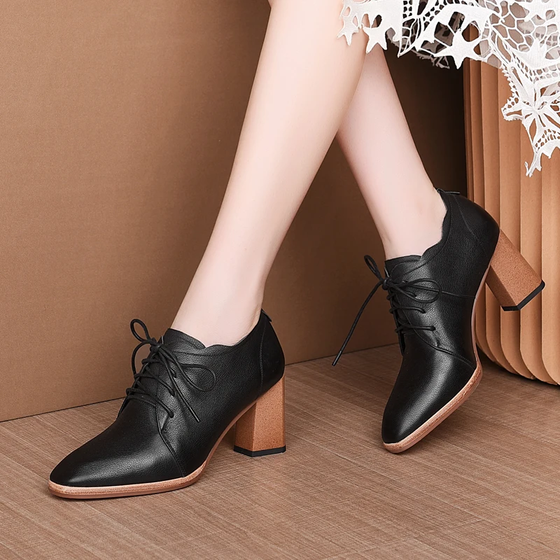 

New Sexy Shoes Woman Round toe Square Heel High Heels Genuine Leather Ladies Shoes Lace Up Dress Party Platform Pumps Footwear