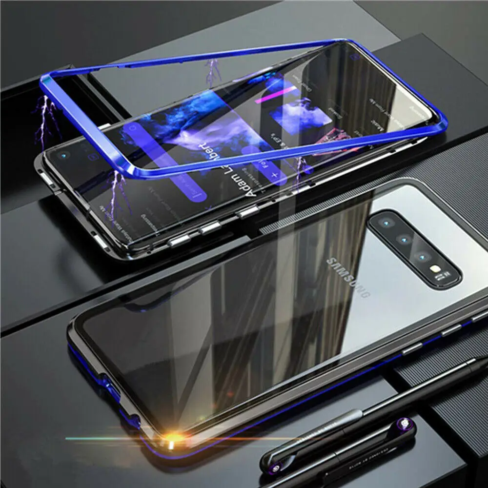 Magnetic Absorption Metal Bumper Back Glass Case Cover For Samsung S10 + S9 S8