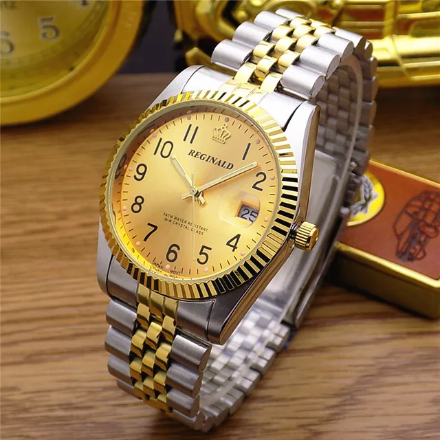 REGINALD Quartz Watch Men 18k Yellow Gold Woman Man Lovers Dress Fluted Bezel Di REGINALD Quartz Watch Men 18k Yellow Gold Woman Man Lovers Dress Fluted Bezel Di