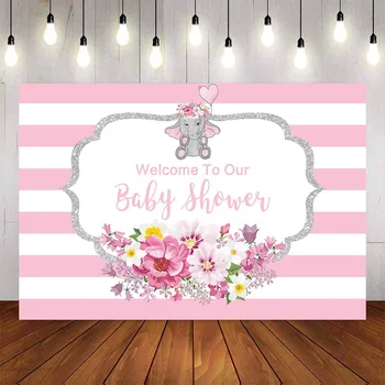 

Photography Background Birthday Party Elephant Backdrop Pink Stripe Flower Golden Border Decor Photocall Backdrop Photo Studio