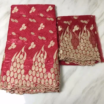 

Red Gold african embroidered jacquard fabric Guinea Brocade cotton High Quality bazin riche getzner for nigerian wedding dress