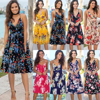 

SMDPPWDBB Women Off shoulder Flower Print Summer Dress Maternity High Waist Strap Beach Dress V-Neck Party Sexy Dresses