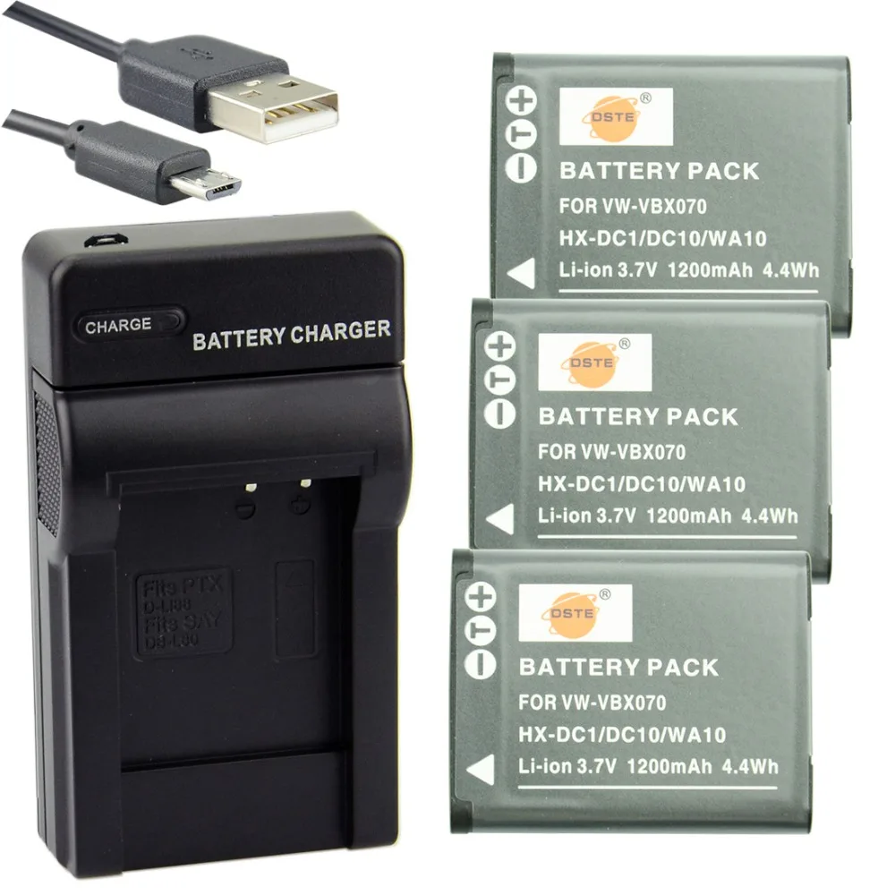 

DSTE 3pcs VW-VBX070 Li-ion Battery + UDC89 usb charger For Panasonic HX-DC1 DC2 DC10 DC15 WA10 HM-TA2 TA20 Camera