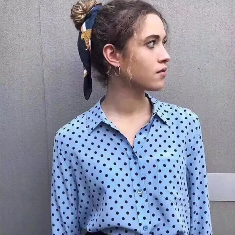 

Angel blue wave dot silk shirt fresh light blue small lapel long sleeve shirt