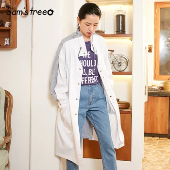 

Samstree Autumn Trench Coat Back Srtiped Contrast Color Female Long Coat Collar Drawstring Pocket Women Clothing Outwear