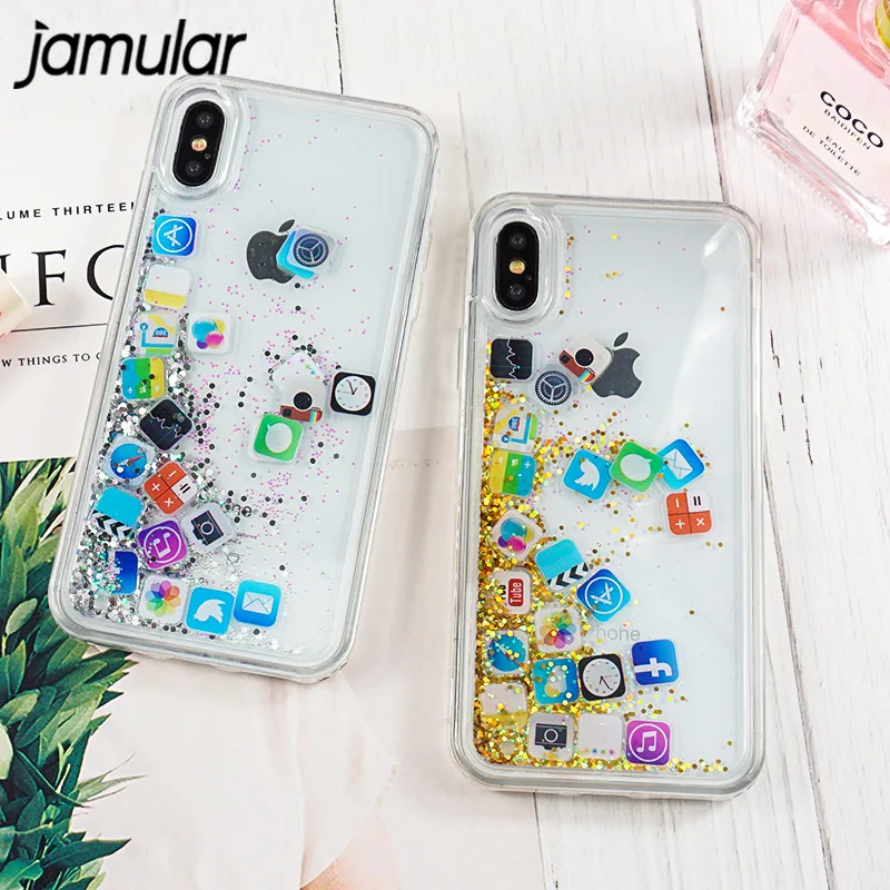 

JAMULAR Funny APP Patterned Phone Case For iphone X 6 6s Plus Transparent Quicksand Hard Cover For iphone 7 8 Plus Shell Capinha