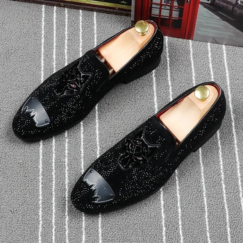 

men casual wedding party dress breathable cow leather rhinestone shoes slip-on driving shoe embroidery summer loafers zapatos