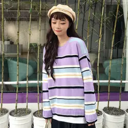 2018 новые осенние Колледж Ветер Сладкий Полосатый Цвет соответствия свитер Для женщин Harajuku хлопок свободно вокруг шеи Свитер с длинными