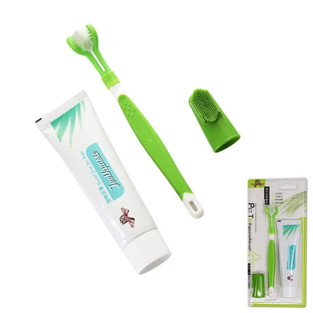 

Pet Toothbrush Toothpaste Set Cat and Dog Oral Hygiene Teeth Cleaning Dental Calculus Removing Edible Toothpaste Three Head Toot