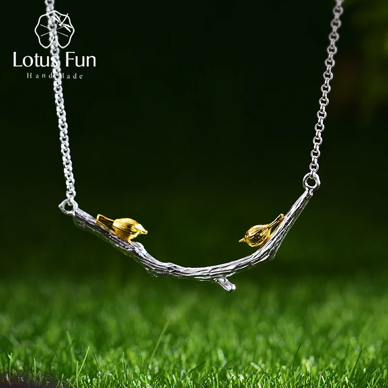 Lotus Fun Solid 925 Sterling Silver Pendants Necklaces for Women Double Lover Birds on Branch statement necklace wedding Jewelry