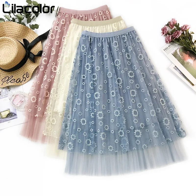

Floral Embroidery Women Mesh Skirts 2019 Spring Summer Long Skirt Blue Pink Girls Maxi Skirts Voile Tulle High Waist Lady Skirt