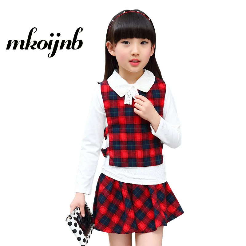 

2018 Girls Plaid Skirt Suits For Children Summer Clothing Set 4-12y Kids 3pcs Teens Skirt +Vest+Bow White Long Sleeve T-shirts