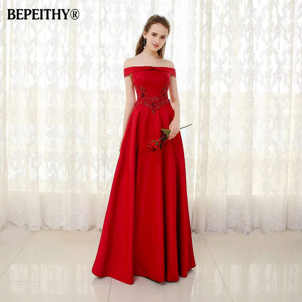 

BEPEITHY Robe De Soiree Off The Shoulder Lace Waist Long Evening Dress Party Elegant 2019 Vestido Longo Prom Party Dresses
