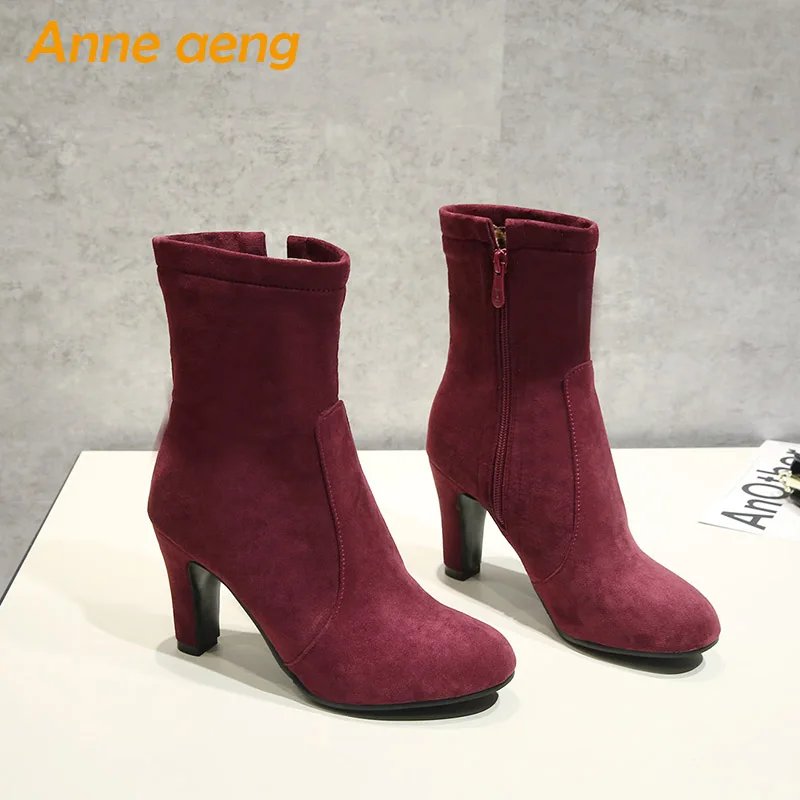 Осенне-зимние женские ботильоны элегантные женские зимние ботинки на высоком каблуке с круглым носком на молнии Зимняя женская обувь винно-Красного цвета Большие размеры 33-46