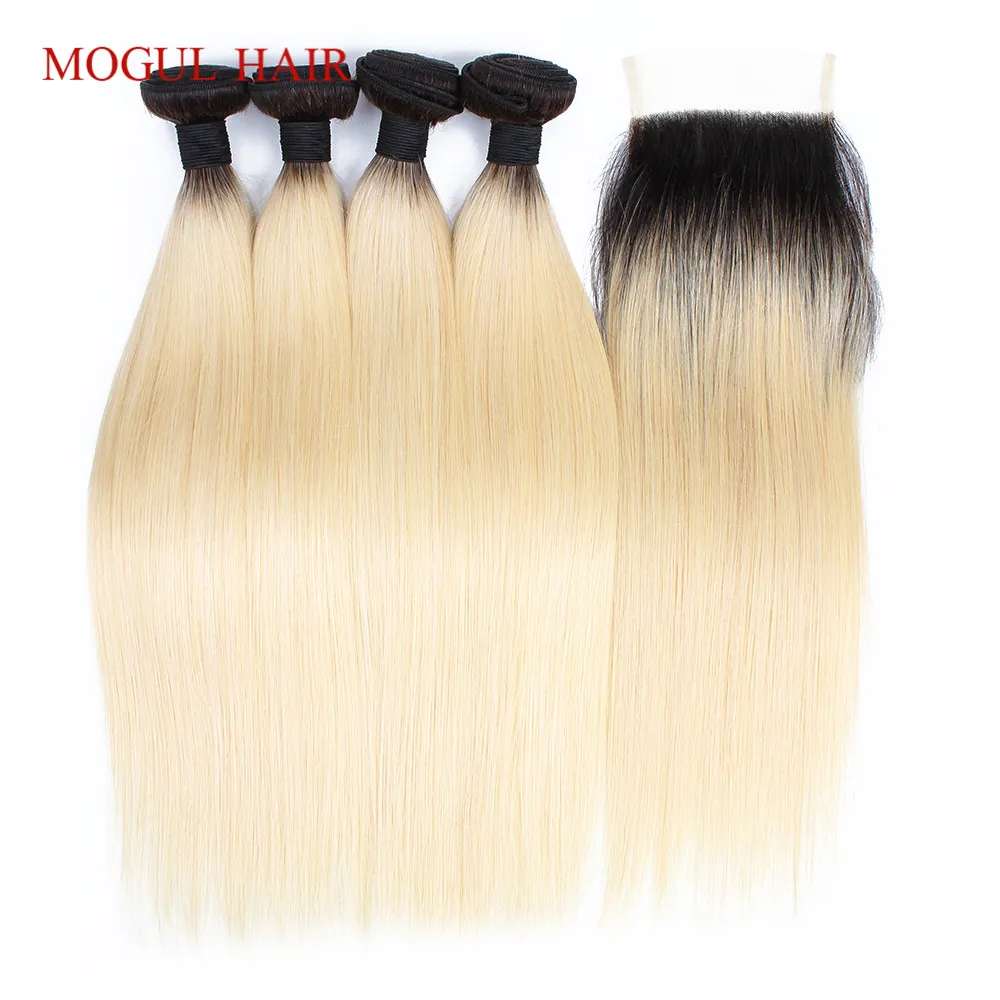

MOGUL HAIR T 1B 613 Bundles with Closure Dark Root Platinum Blonde 4 Bundles With Closure Brazilian Straight Remy Human Hair