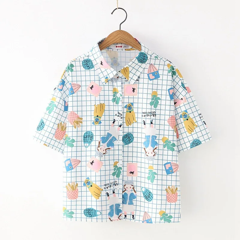 

Female Sweet Fresh Print Shirt Plaid Girl short-sleeved Shirt Blouse womens tops and blouses blusas mujer de moda
