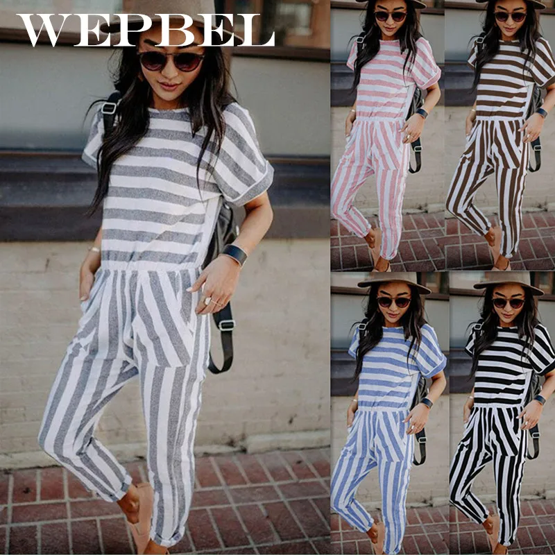 

Summer Jumpsuit Women' S Fashion Casual Striped Short Sleeve O-Neck Calf-Length Jumpsuit Elegant Femme