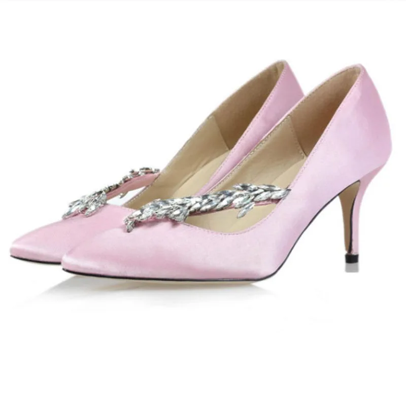 Весенние милые Для женщин с украшением в виде кристаллов Каменка шелковые туфли-лодочки; блестящие стразы; с острым носком; на высоком каблуке-шпильке; Свадебная обувь - Цвет: pink