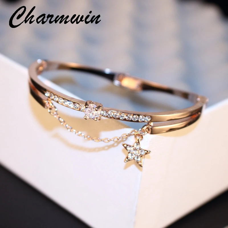 Charmwin Crystal Star Cuff Bangle Bracelet For Women Sweet Jewelry