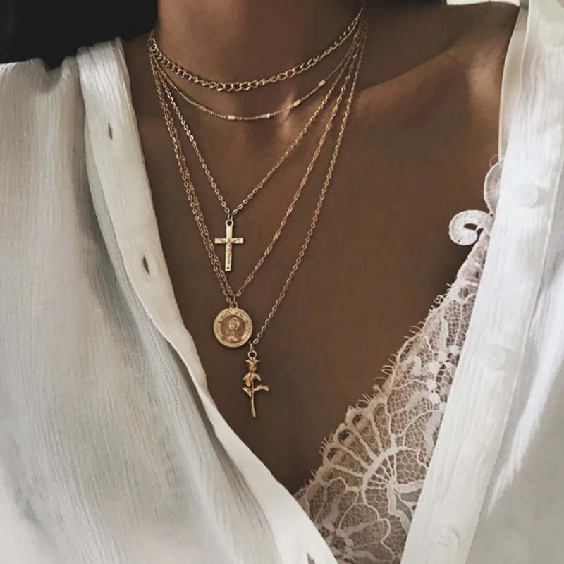 

Fashion Multiple Layers Cross Necklaces For Women Charm Gold Color Chokers Necklace Boho Collares Female Party Jewelry LXL181