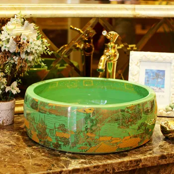 

China Artistic Handmade Art wash basin Ceramic Counter Top Wash Basin Bathroom Sinks bathroom art wash basin green color