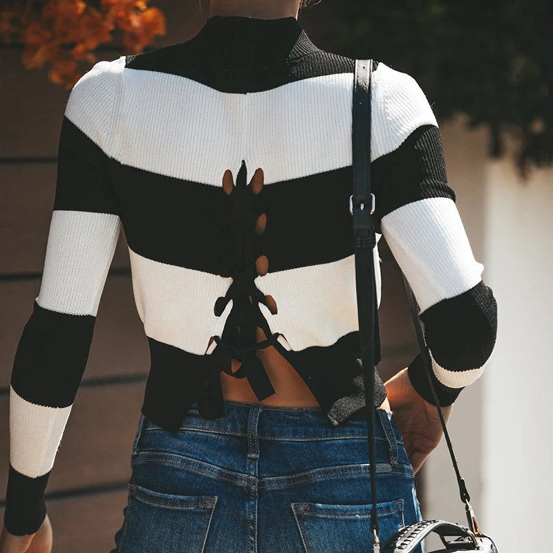 

Hollow Out Bow Long Sleeve Women Pullovers 2019 Autumn New Patchwork Striped Fashion Sweater Knitwear Slim Female's Clothes