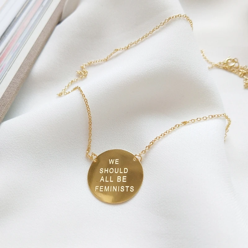 

925 Sterling Silver 18K Gold Round Pendant With Engraving " We Should All Be Feminists " Women's Day Gift Simple Necklace