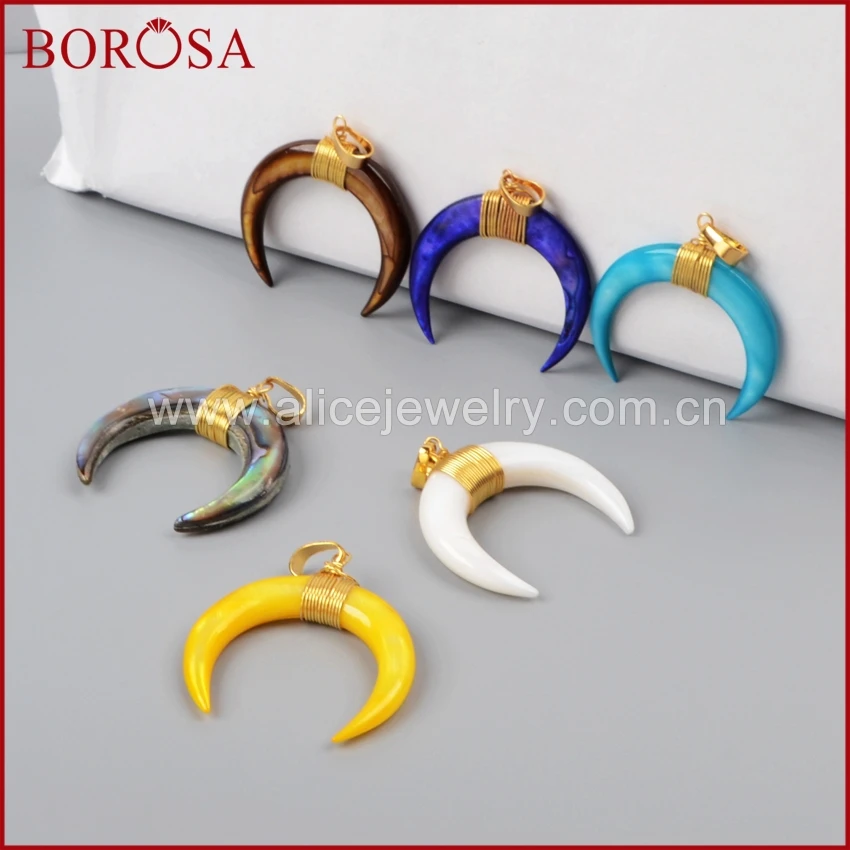 

BOROSA 10pcs Large Double Horn Crescent Natural Shell Rainbow Shell Gold WIre Wrap Pendant for Necklace Earrings DIY G1122