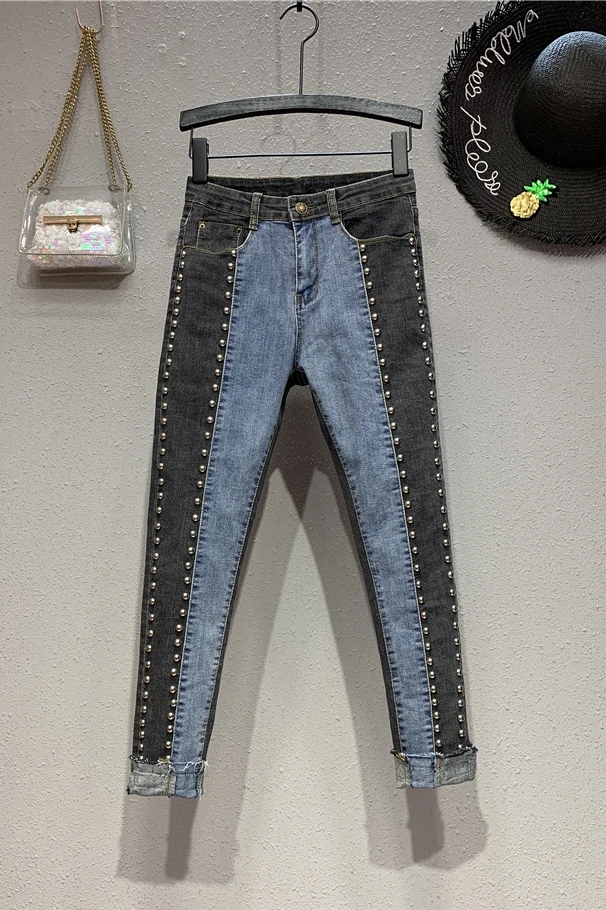 Новые весенне-осенние джинсы для женщин, расшитые бисером, с цветными блоками, высокая талия, студенческие джинсы, длина по щиколотку, узкие женские узкие брюки-карандаш