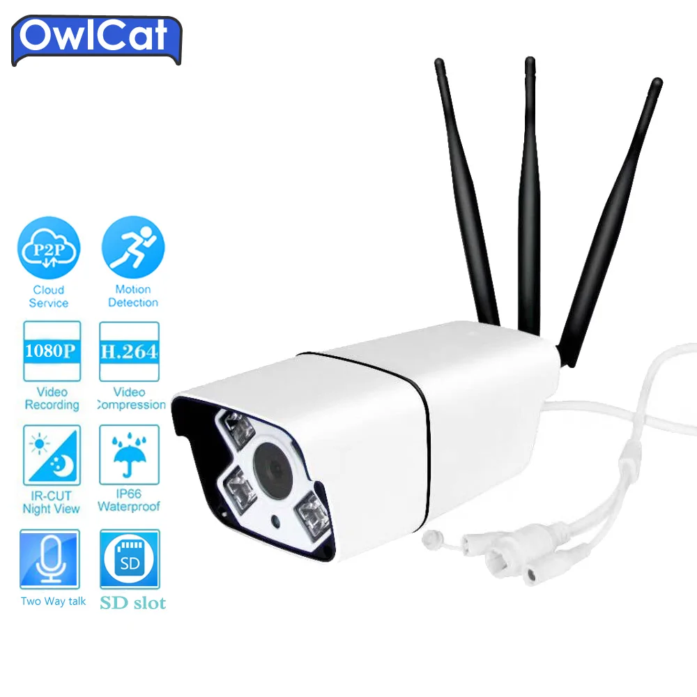 

OwlCat Waterproof ip66/Outdoor HD 1080P Bullet Wireless IP Camera WIFI Built in Microphone/Speaker IR Onvif SD Memory Slot P2P