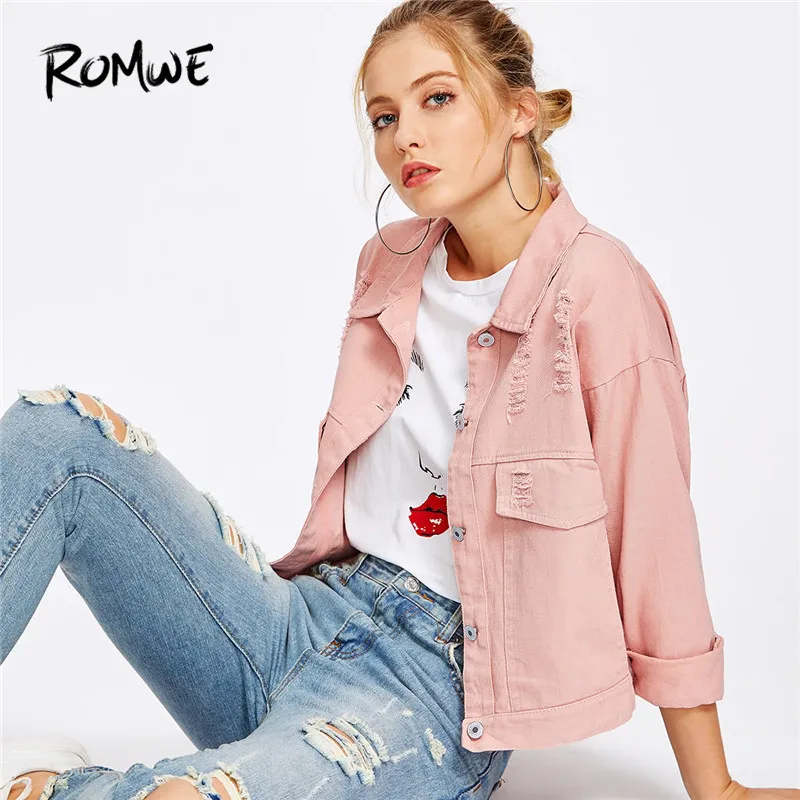 Black Jean Jacket Blue Long Sleeve Ripped Denim Jacket -SheIn