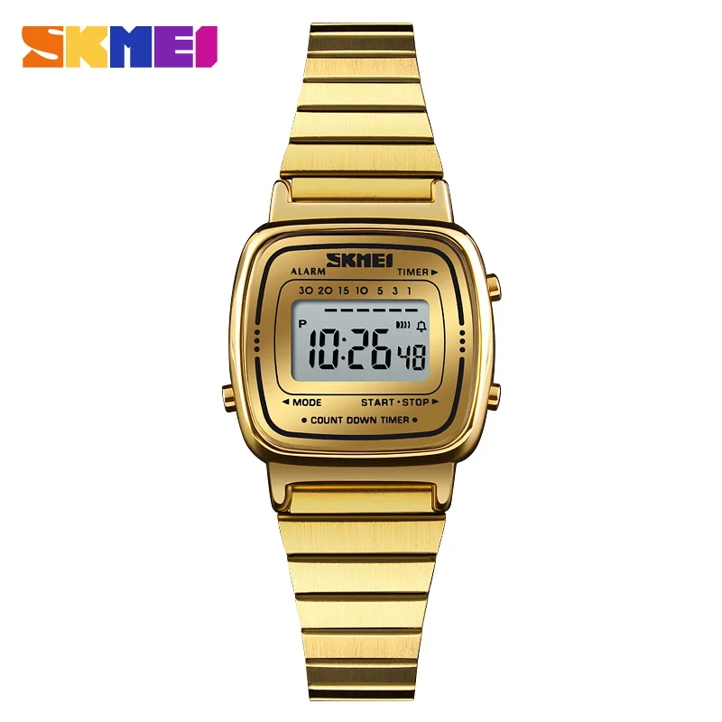 SKMEI Women Men Luxury Sport Watch Digital Stainless Steel Strap Male Female Clock Watches 12/24 Hour Fashion Top Lovers 1252 - Цвет: Gold Watch