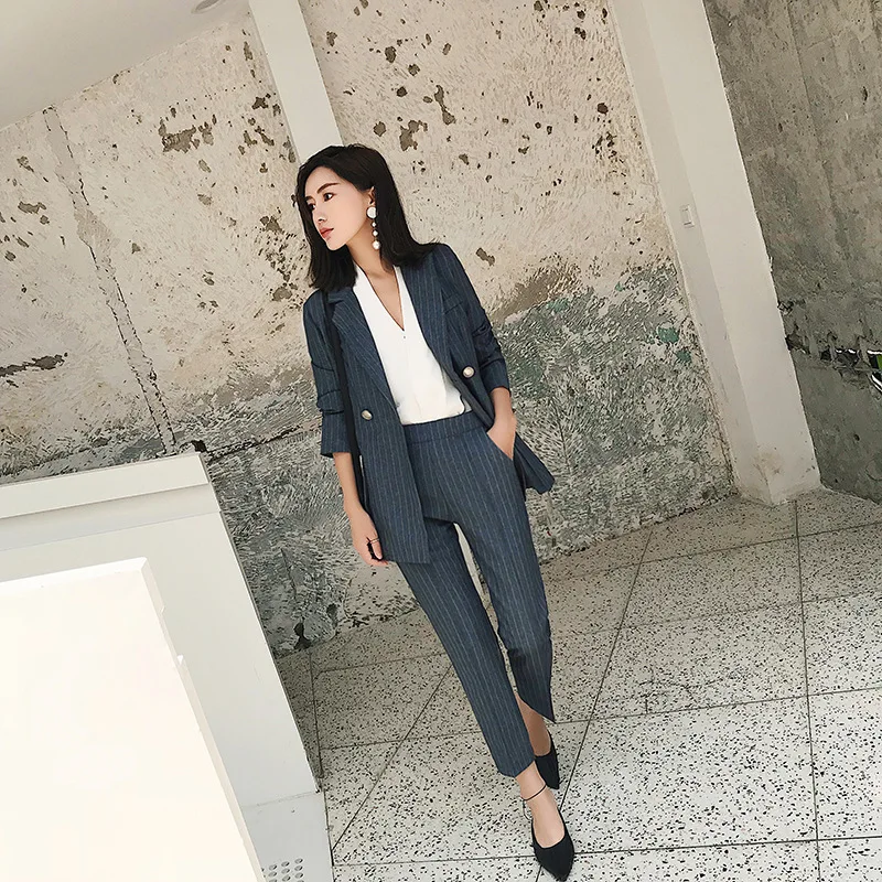 Woman suits lady suit office Full Sleeve Slim Work Striped Blazer Set Women's pants suit women 2019 autumn new women's clothing
