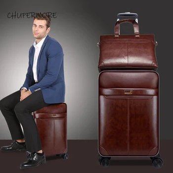 

Chupermore Retro PU Leather Rolling Luggage Sets Spinner Men Business Suitcase Wheels 16 inch Cabin Password Trolley