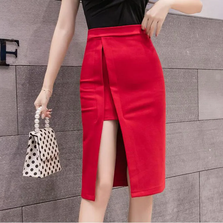 Элегантная женская юбка миди с высокой талией и разрезом спереди, новинка, Корейская женская сексуальная юбка-карандаш для офиса, посылка