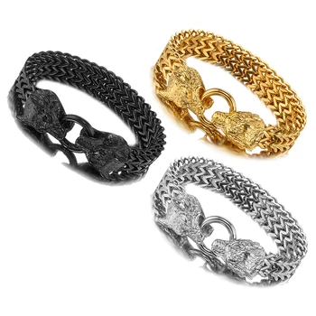 

Cool Wolf Head Clasp 12mm Wide Stainless Steel Silver/Gold/Black Color Figaro Rolo Chain Bracelet For Biker Men's Bangles 8.66"