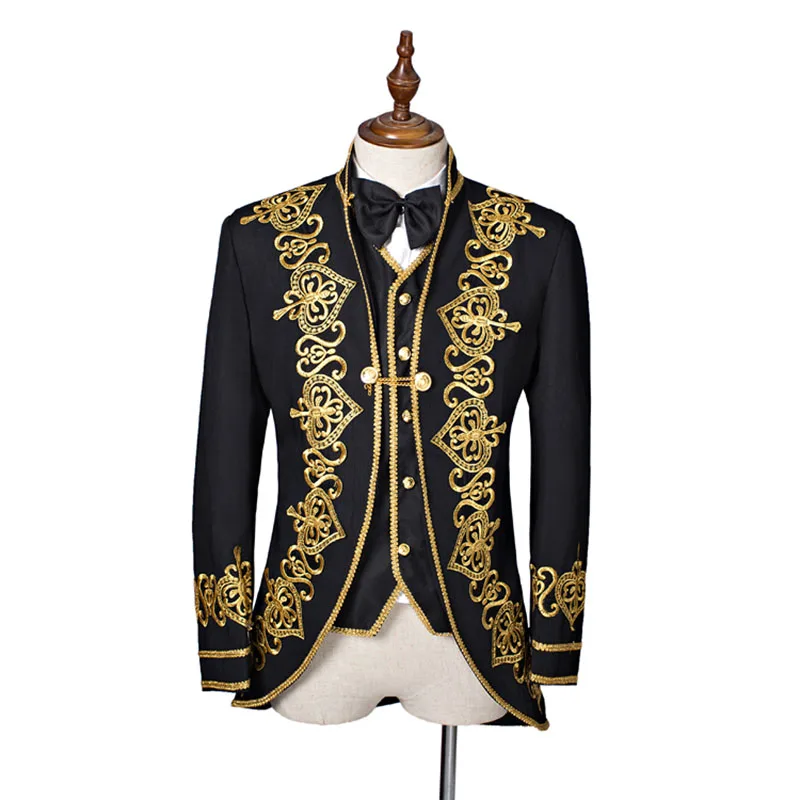 Новый черный Для мужчин пиджаки костюм с длинным рукавом Золотые Аппликации этап певица костюм (включая куртка + жилет + галстук)