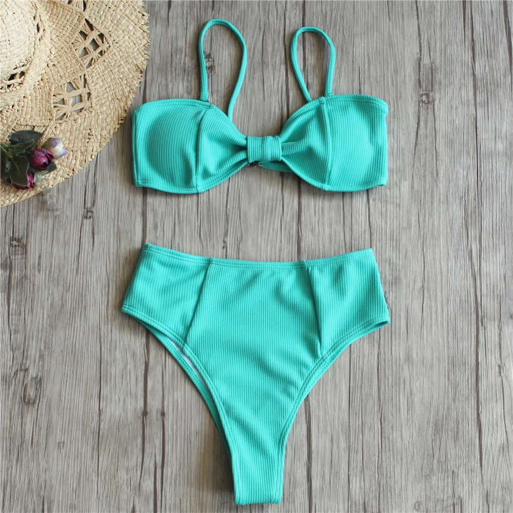 Koop Bikini Set 2019 Geknoopt Gewatteerde String Badpak Vrouwen Pure Kleur Hoge Cut Badpak Braziliaanse Biquni Badmode Hals Effen