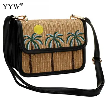 

Casual Weave Crossbody Summer Bag For Women 2019 Straw Handmade Leaf Pattern Shoulder Bags Beach Rattan Bag Black Brown