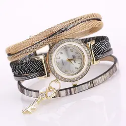 Для женщин Chic ключ кулон Круглый циферблат Multi-Слои плетеный ремень Женева наручные часы