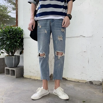 

2019 Summer Men's New Pattern Stretch Slim Fit Skinny Jeans Mens Blue Color Trousers Fashion Trend Holes Beggar Casual Pants