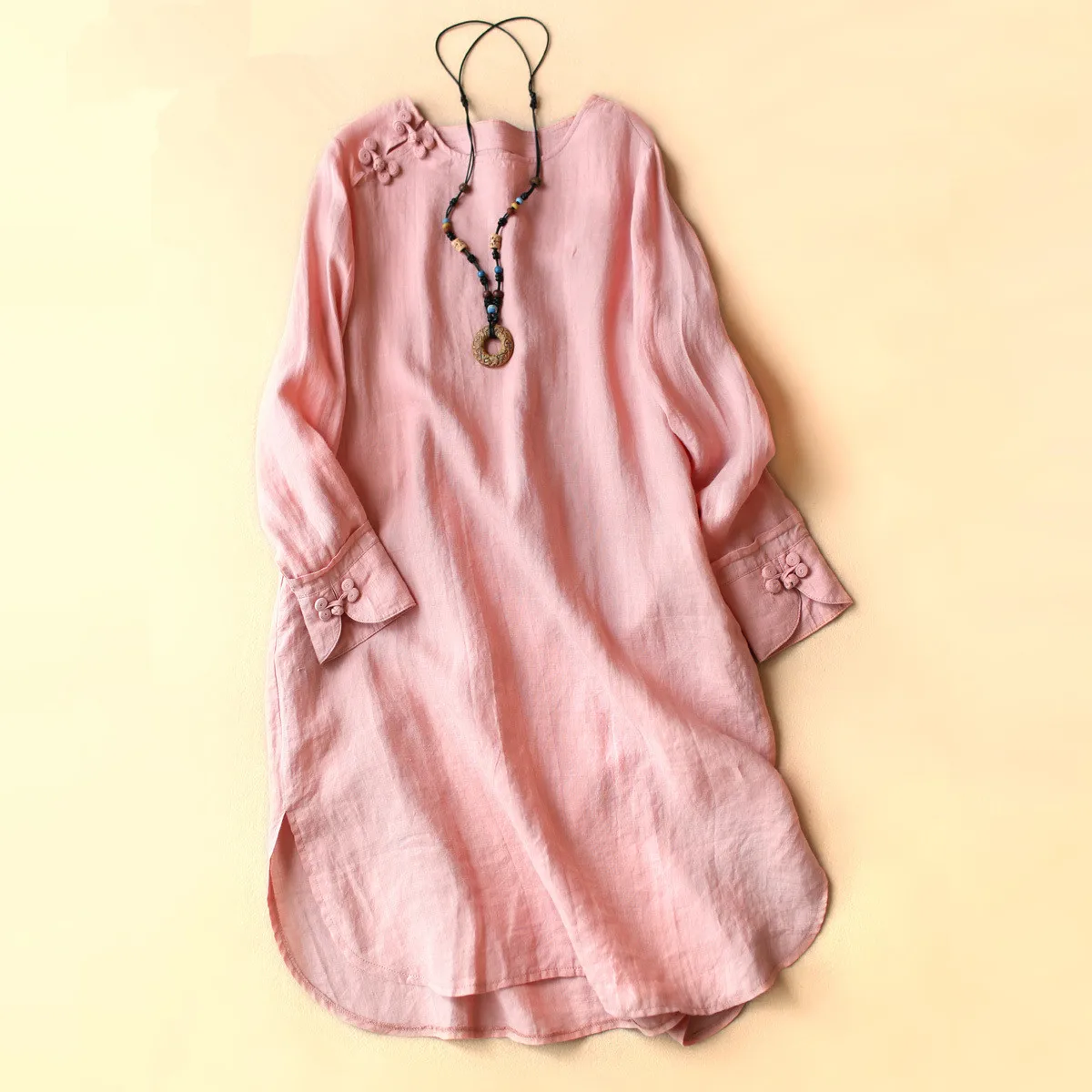 

High Grade 2018 Spring Summer Oblique Placket Original Design Personality Flower Button Cotton Linen Long Sleeve Dress