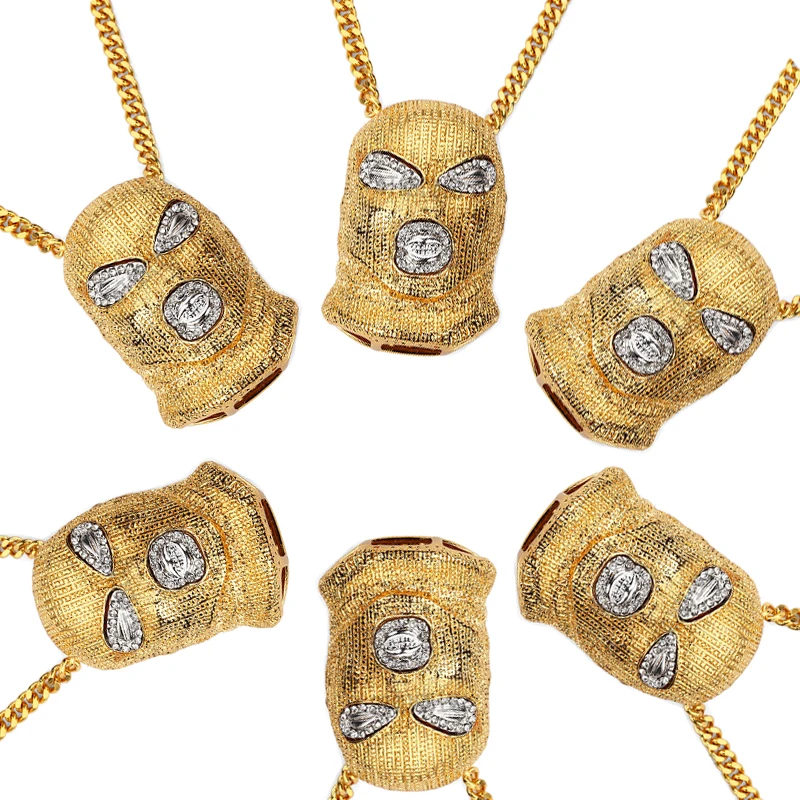 

XS917 Mens Hip Hop Iced Out Gold color Goon Ski Mask Pendant W/ 36" Franco Chain Men 's pendants necklaces wholesale jewelry