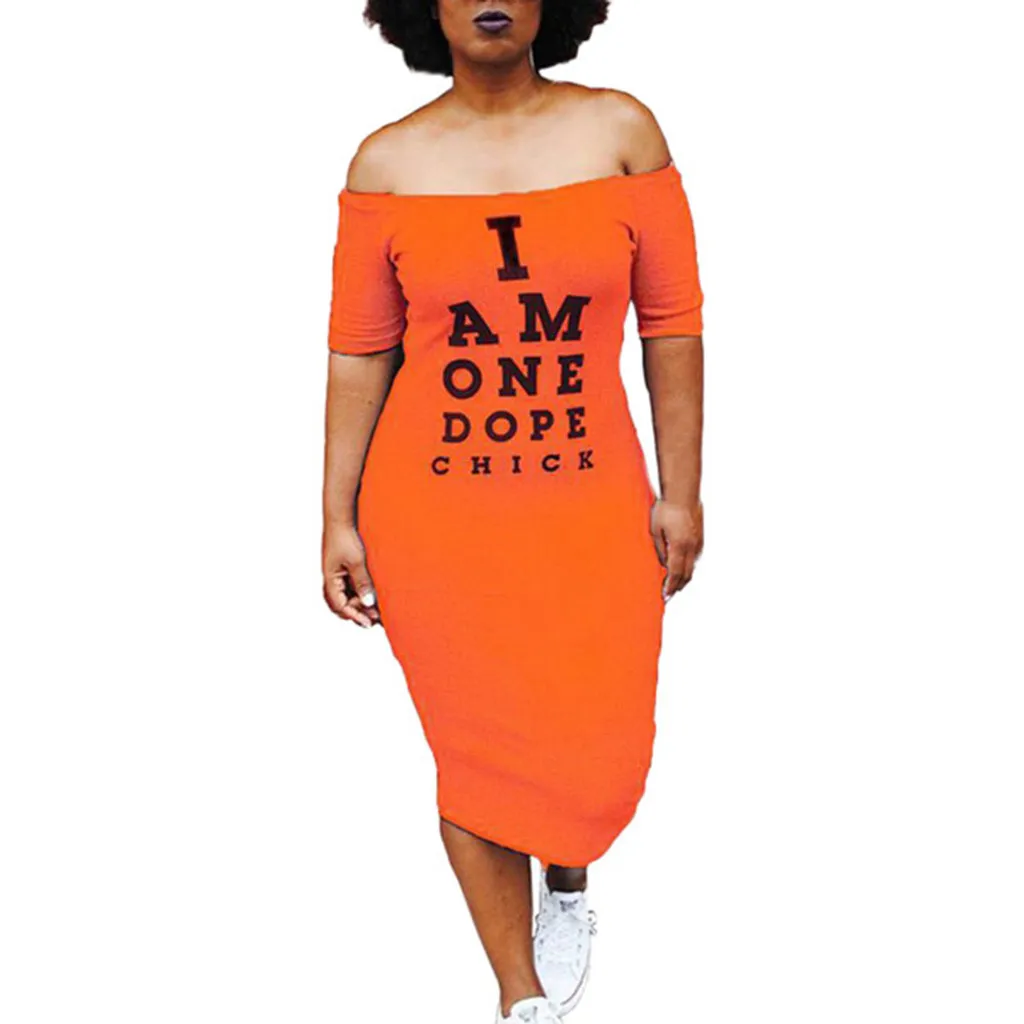 Обтягивающее Женское Платье макси с буквенным принтом, с открытыми плечами, с коротким рукавом, большого размера, летнее, уличное, модное, повседневное, длинное, вечерние, сексуальное платье - Цвет: Оранжевый