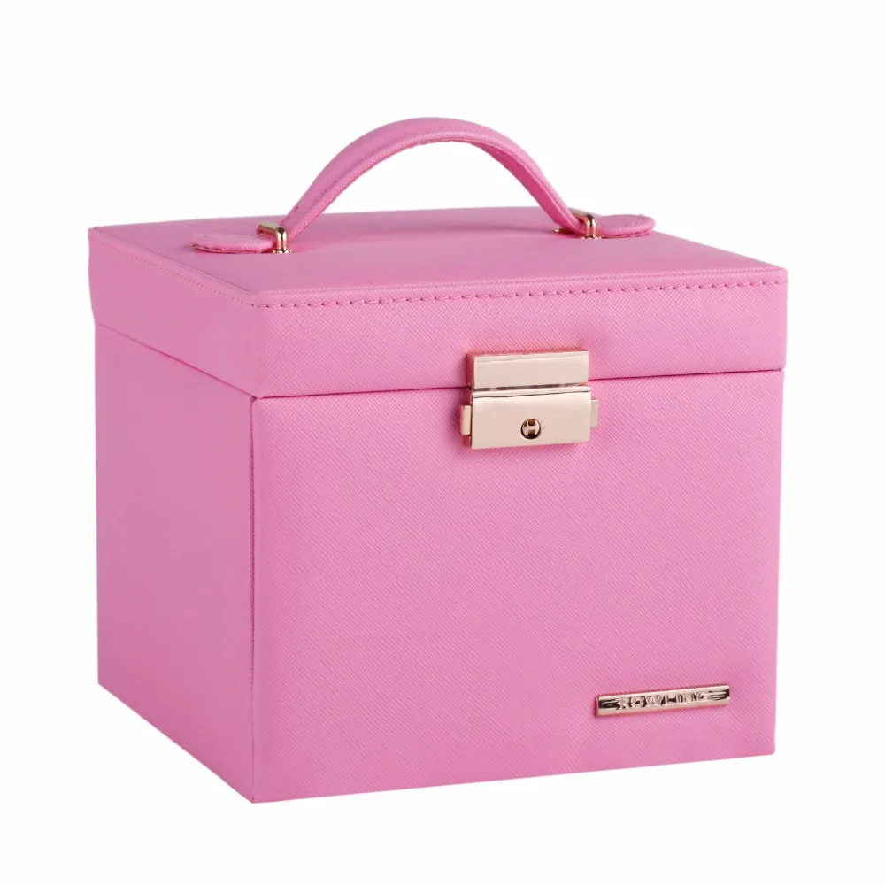 

PROMOTION Girls Pink Fashion Faux Leather Small Jewelry Box Mini Gift Velvet Rings Necklaces Display Case Mirror Lock 2 Drawers