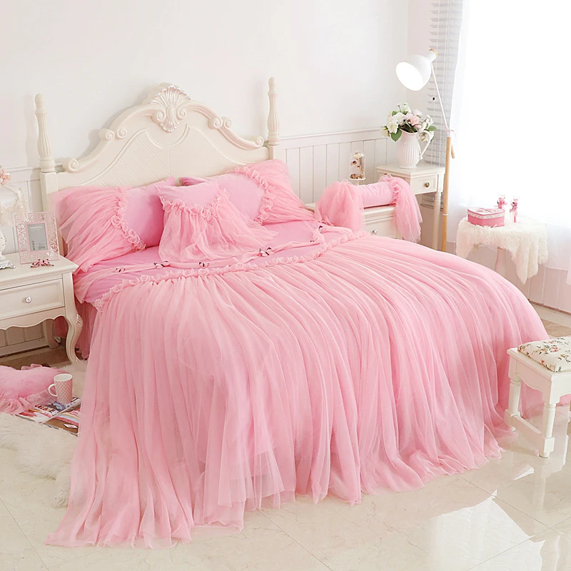 Роскошный корейский принцесса розовый фиолетовый синий флис ткань кружева Свадебные постельные принадлежности набор пододеяльник фланель бархат кровать юбка наволочки
