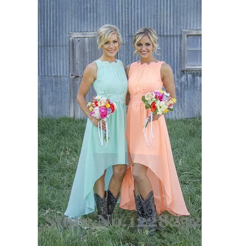 

2017 Cheap Peach Lace Chiffon Bridesmaids Dresses Scoop High Low Wedding Party Dress Backless Vintage Maid of Honor Dresses