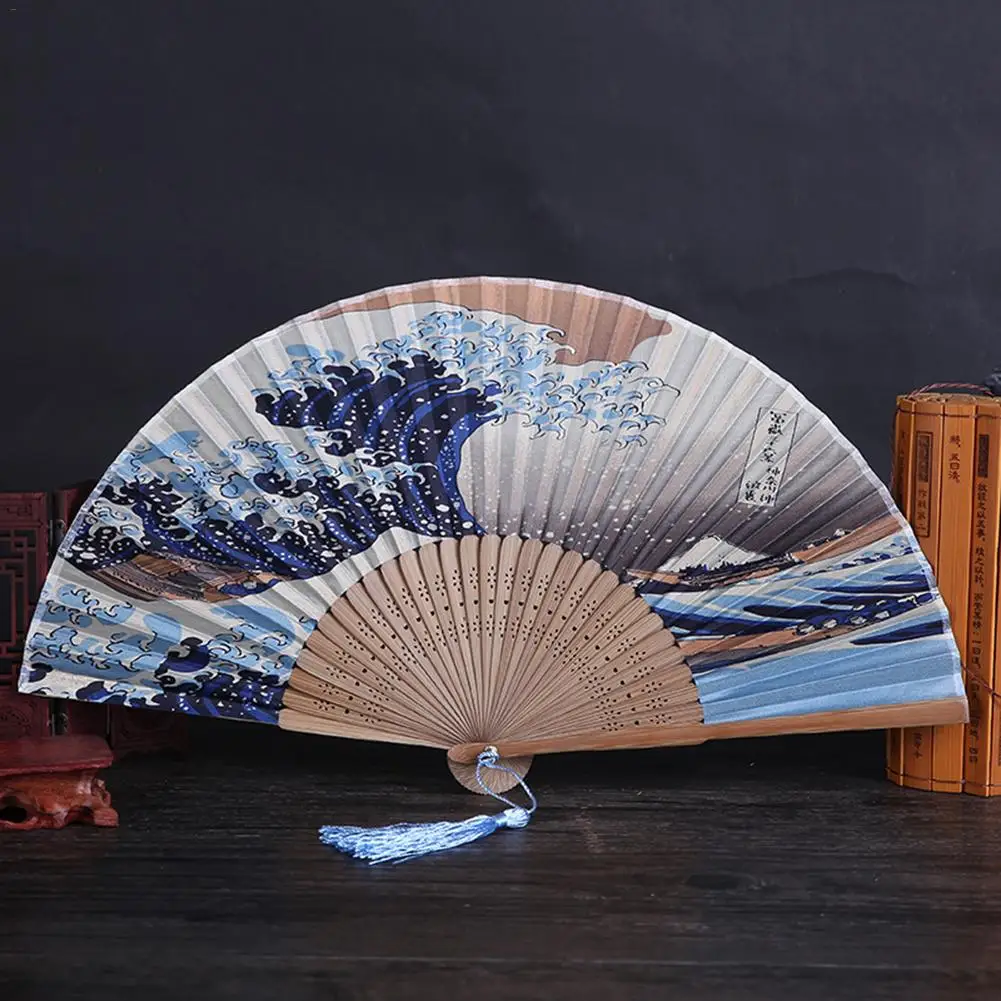 Japanese Waves Pattern Silk Bamboo Craft Fan Folding Hand Held Fan Art Prints Pocket Fan Home Decoration