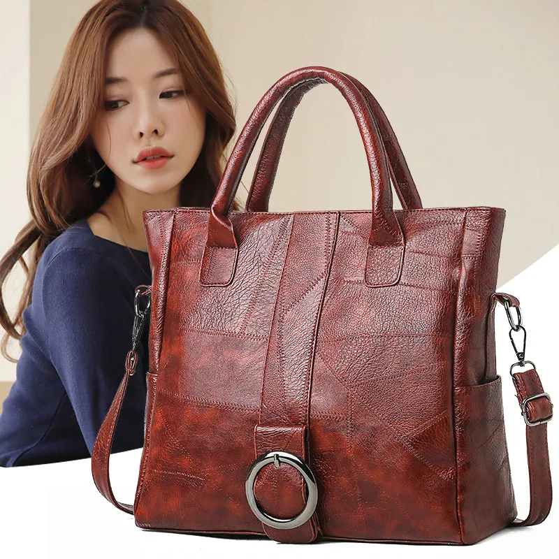 Skup W stylu Vintage Torebka Damska miękkie Pu skóra Splice duży casualowe torby tote torba na ramię kobieta sprzęgła Top torby z uchwytami Torebka Damska Sac