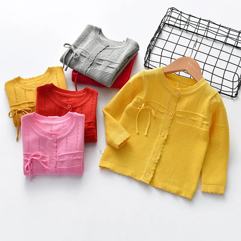 Bowknot Tie Baby Girl Sweater Kids Hollow Out Pullover Coat Solid Color Button Closure Cardigan High Quality Cotton Blend Toddler Child Outfit (1)